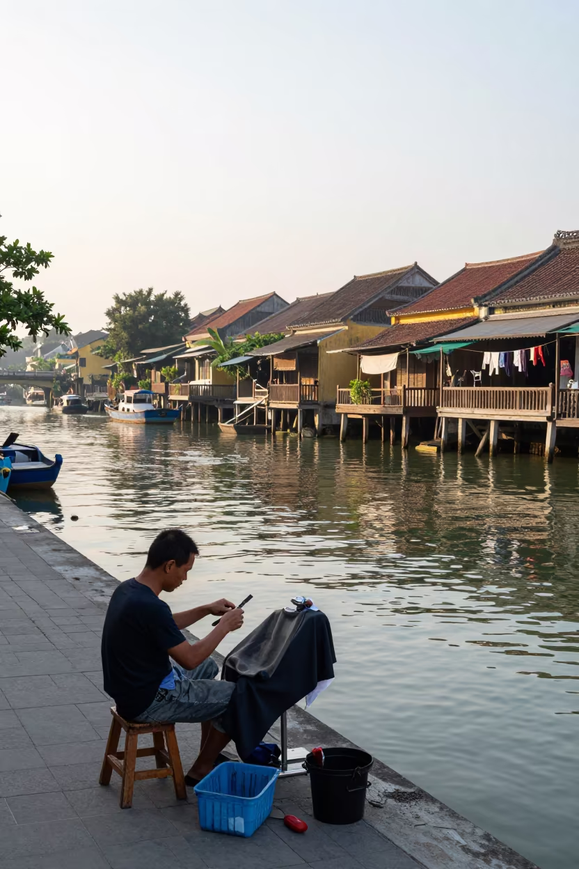Hoi An Barber Shaving Canal Dawn in beside a canal in Hoi An