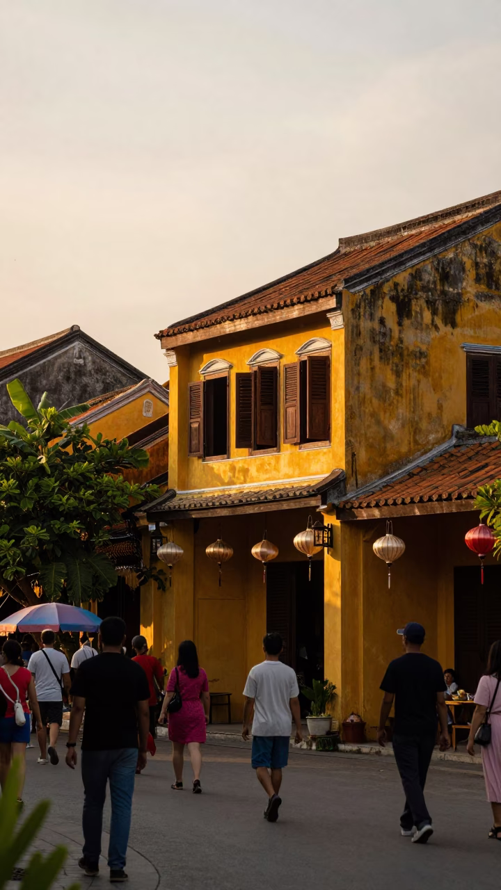 Hoi An Bustling Streets at Sunset Light in in Hoi An, Vietnam