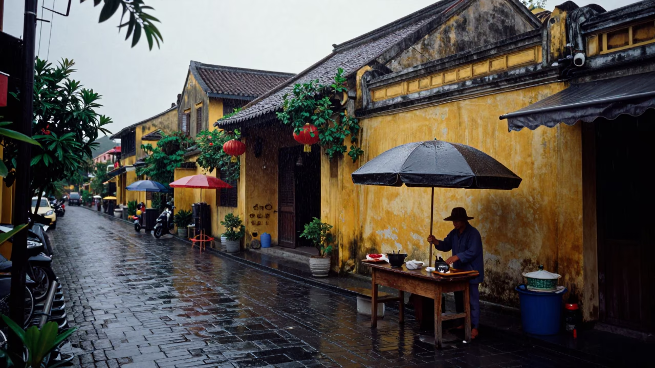 Hoi An Dusk Rain Cobblestone Street with Vendor and Umbrellas in in Hoi An, Vietnam