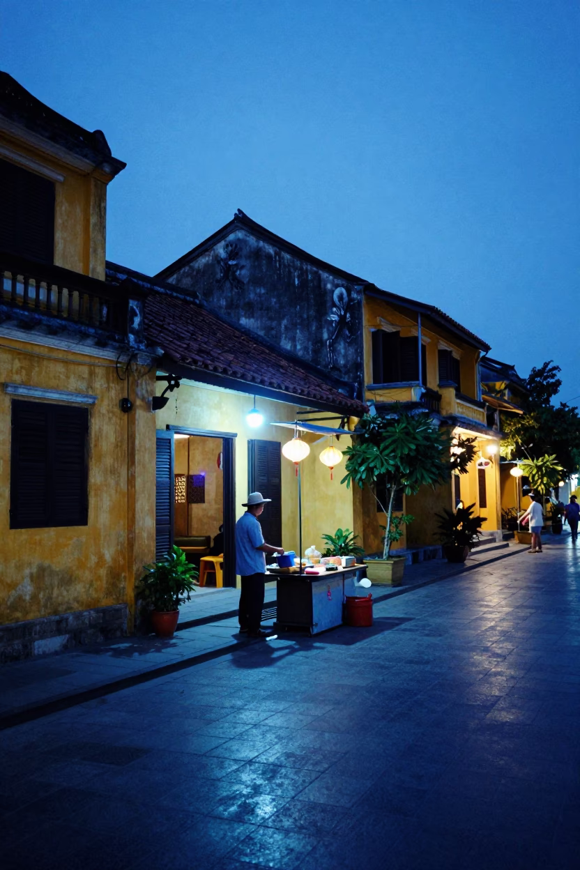 Hoi An Evening Blue Light Street Scene with Local Vendor in in Hoi An, Vietnam