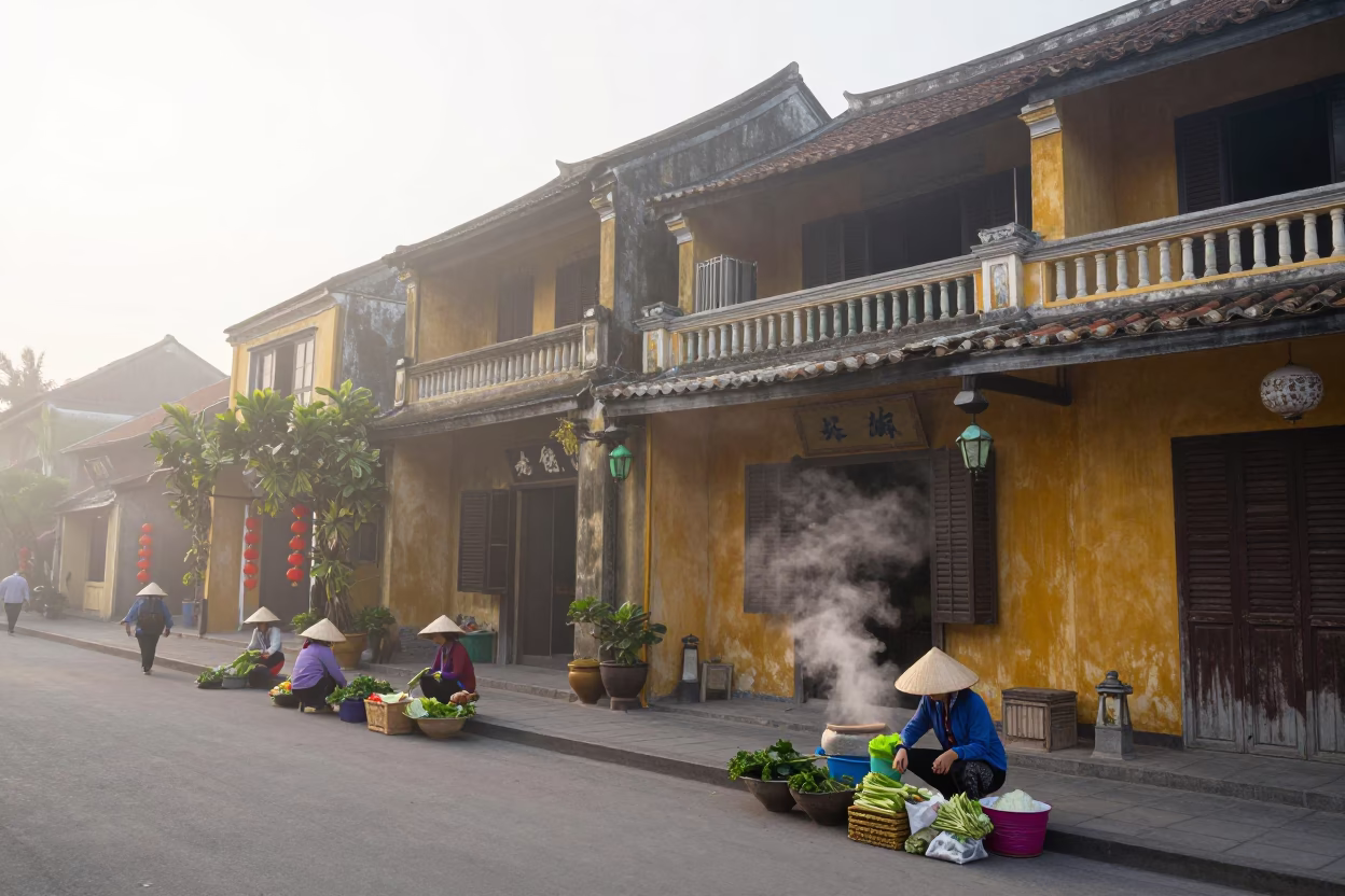 Hoi An misty dawn street scene with locals and traditional architecture in in Hoi An, Vietnam