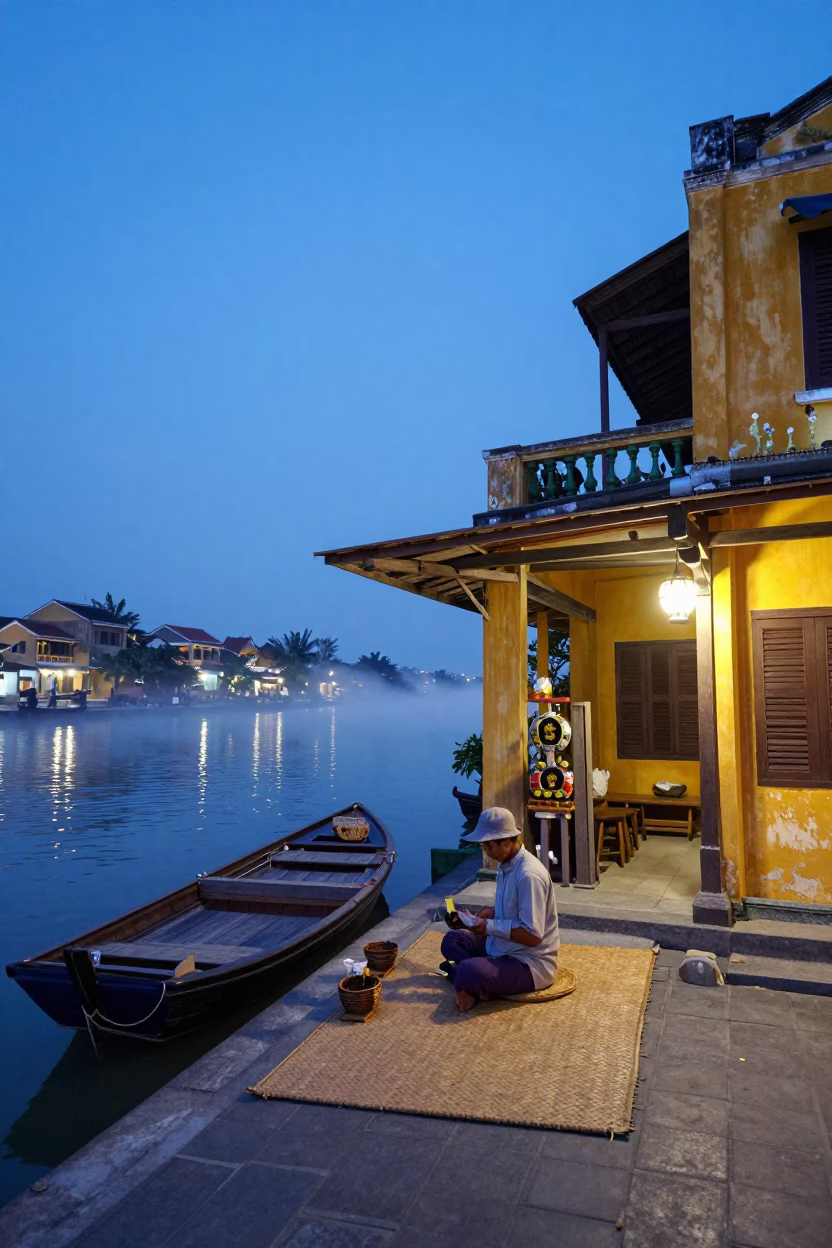 Hoi An Nautical Dawn Street Scene with Local Artisan and Porcelain in in Hoi An, Vietnam