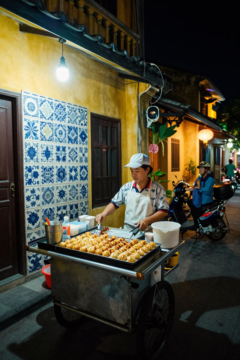 Hoi An Night Street Scene with Ceramic Tiles and Takoyaki Vendor Late at Night in in Hoi An, Vietnam