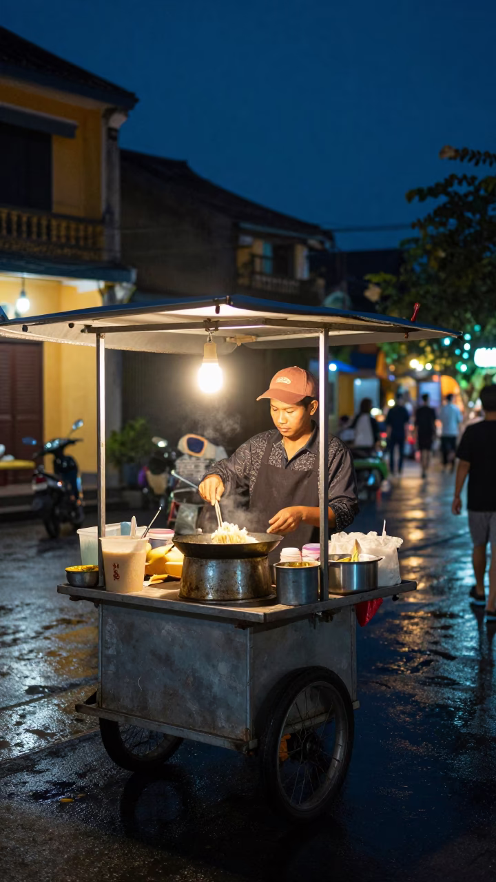 Hoi An Night Street Vendor Cooking Rice Noodles Under Neon Lights in in Hoi An, Vietnam