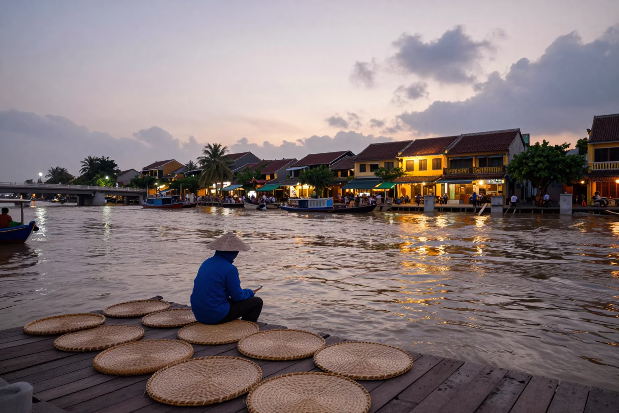 Hoi An River Life at Nautical Dawn Light in in Hoi An, Vietnam