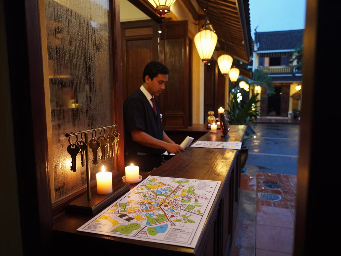 Hoi An Spa Concierge Desk with Brass Keys in inside a spa reception in Hoi An