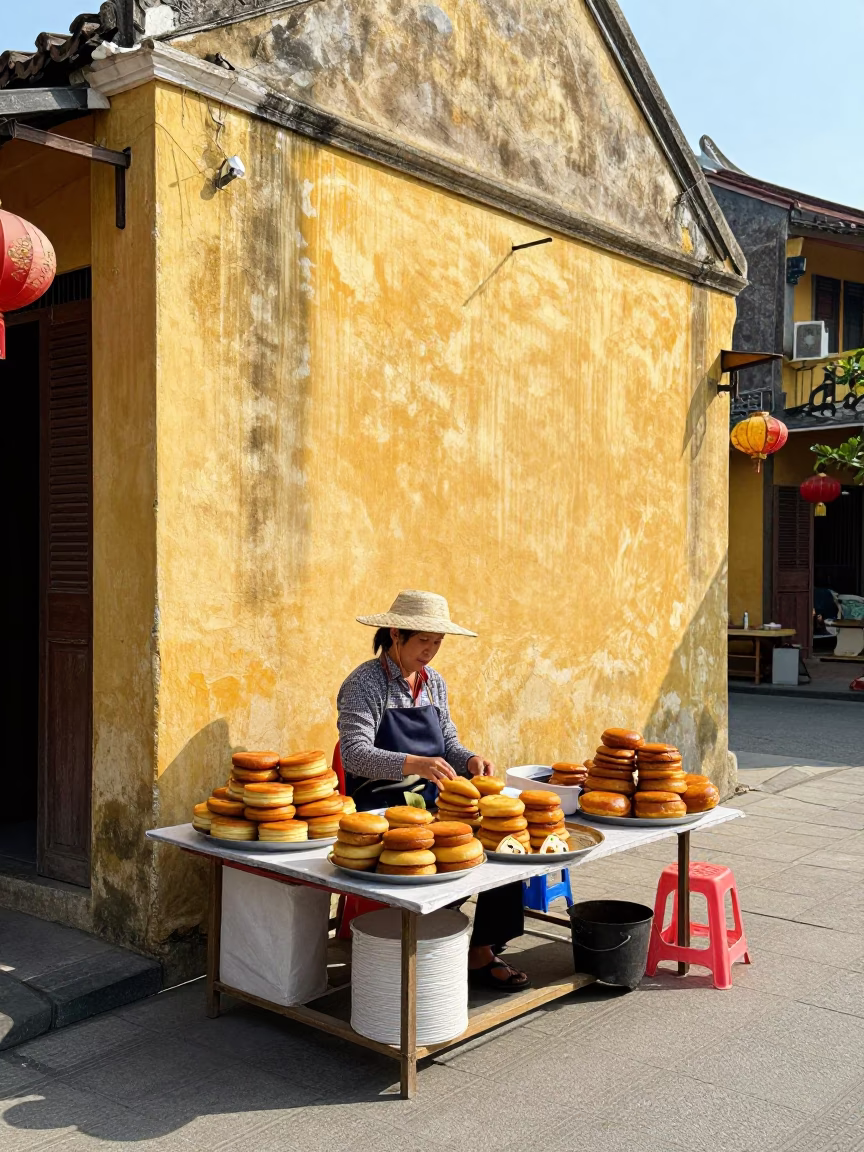 Hoi An street corner with local vendor selling traditional cakes in in Hoi An, Vietnam