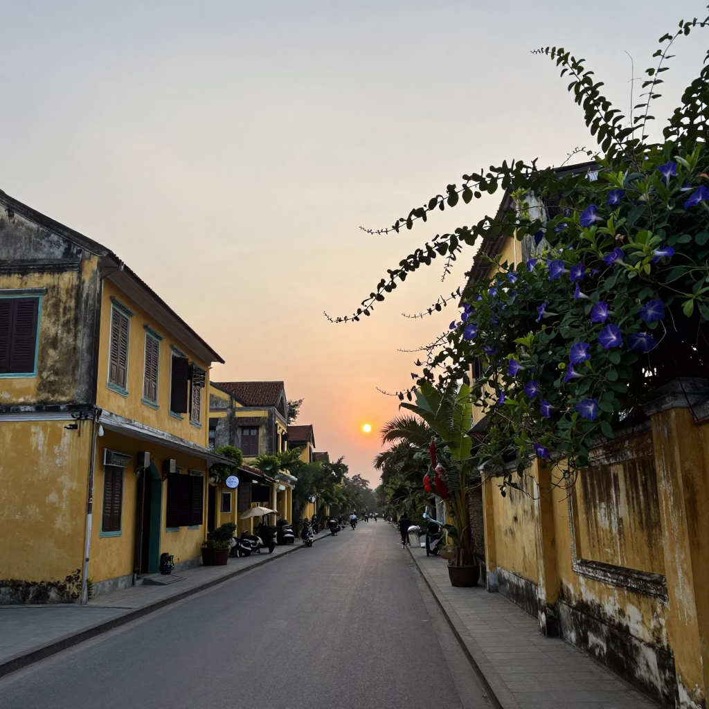 Hoi An Street Scene at As The Sun Drops Toward The Horizon in in Hoi An, Vietnam