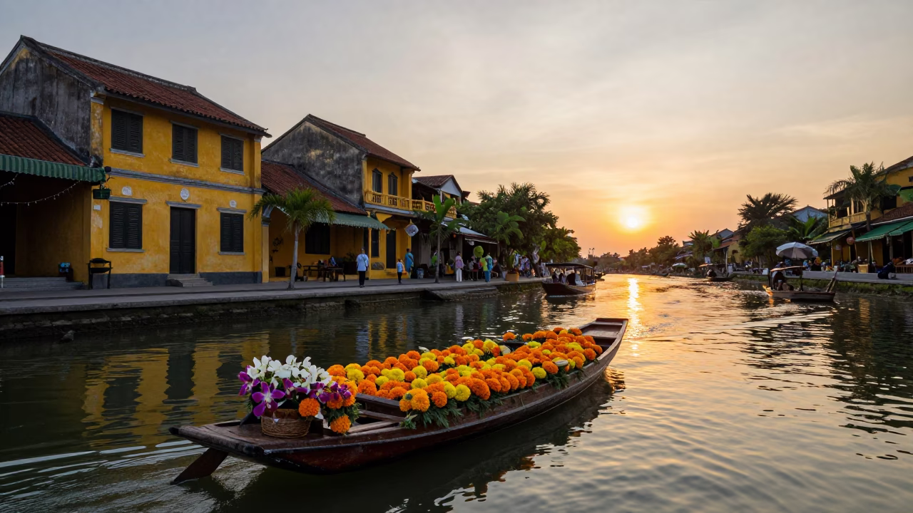 Hoi An Street Scene at As The Sun Drops Toward The Horizon in in Hoi An, Vietnam