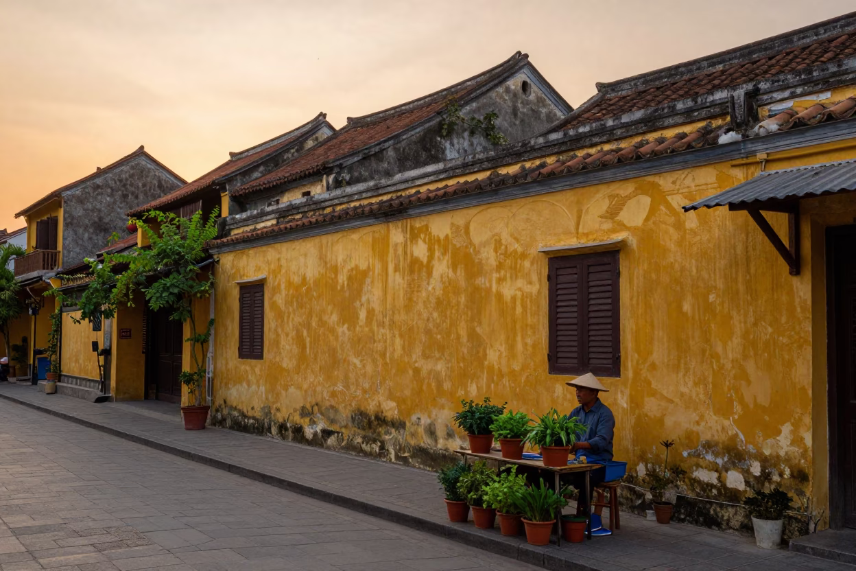 Hoi An Street Scene at As The Sun Drops Toward The Horizon in in Hoi An, Vietnam