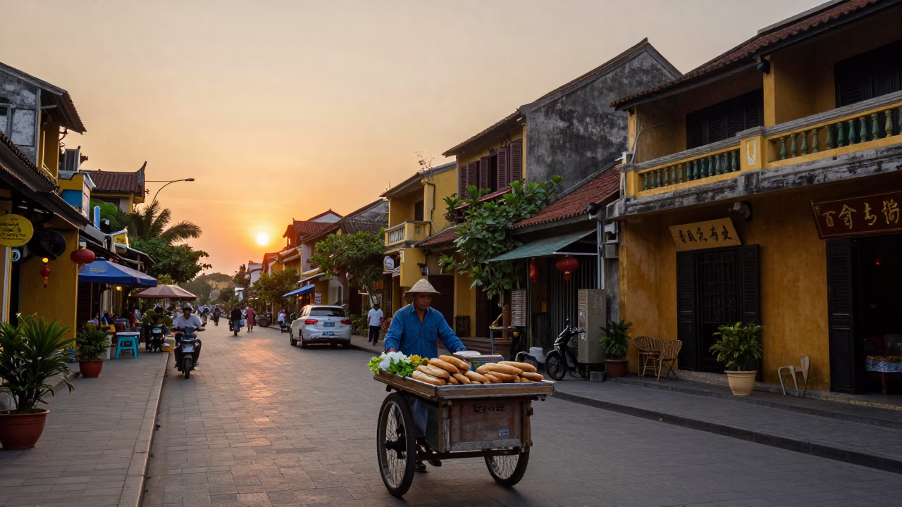 Hoi An Street Scene at As The Sun Drops Toward The Horizon in in Hoi An, Vietnam