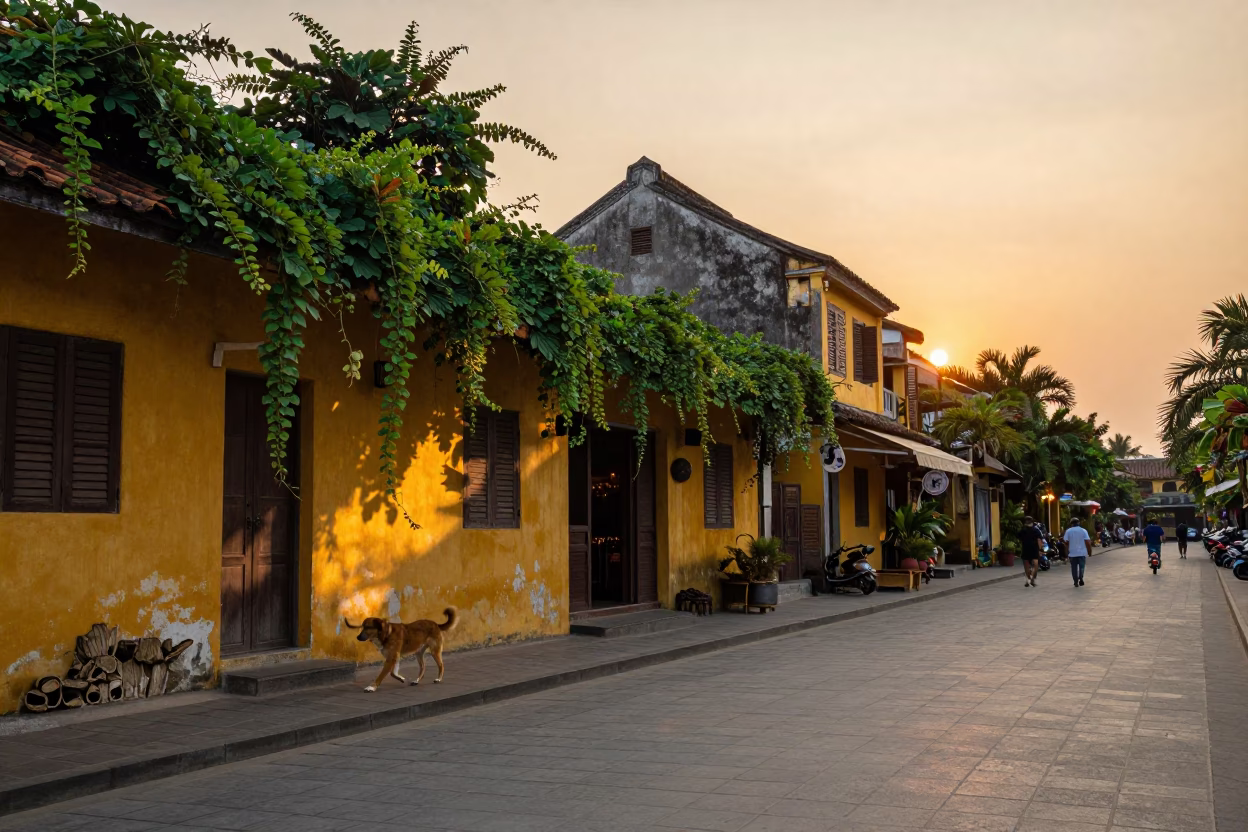 Hoi An Street Scene at As The Sun Drops Toward The Horizon in in Hoi An, Vietnam