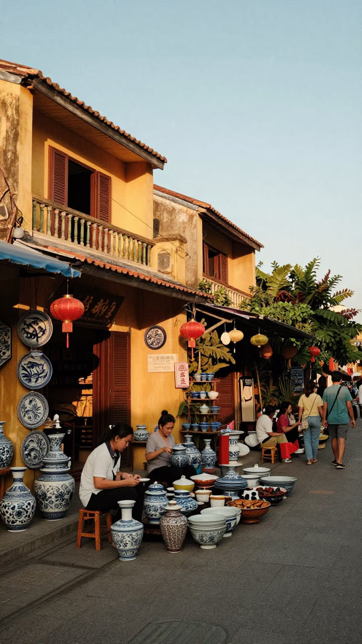 Hoi An Street Scene at Honeyed Evening Light in in Hoi An, Vietnam