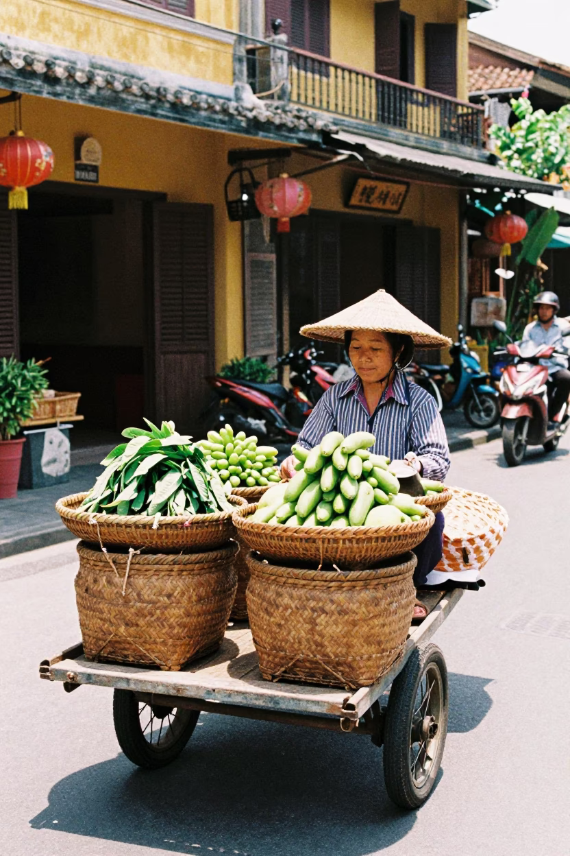Hoi An Street Vendor with Woven Baskets Under Flat Noon Light in in Hoi An, Vietnam
