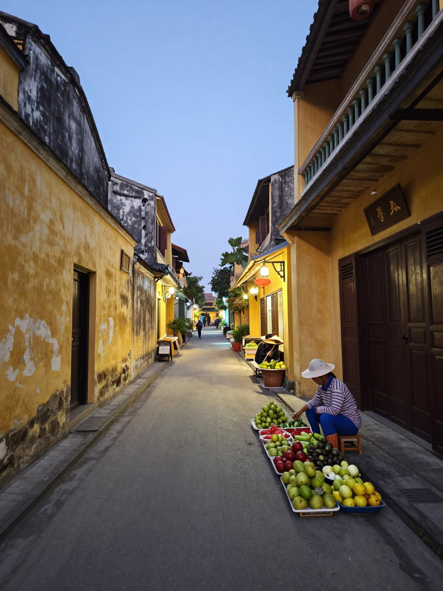 Hoi An summer evening street scene with yellow stucco walls and lanterns in in Hoi An, Vietnam