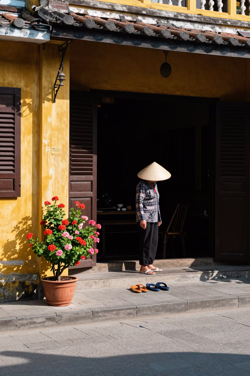 Hoi An Vietnam afternoon street scene with geraniums and slippers in in Hoi An, Vietnam