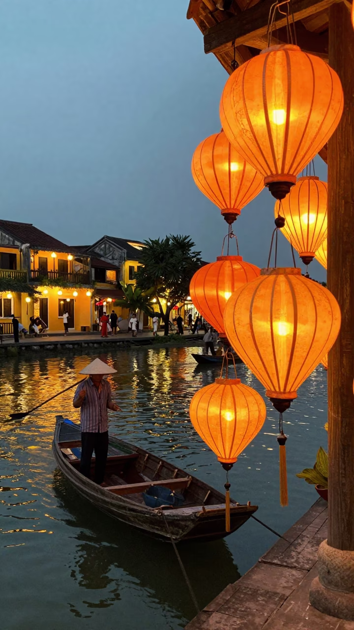 Hoi An Vietnam ancient lanterns glowing at dusk street scene in in Hoi An, Vietnam