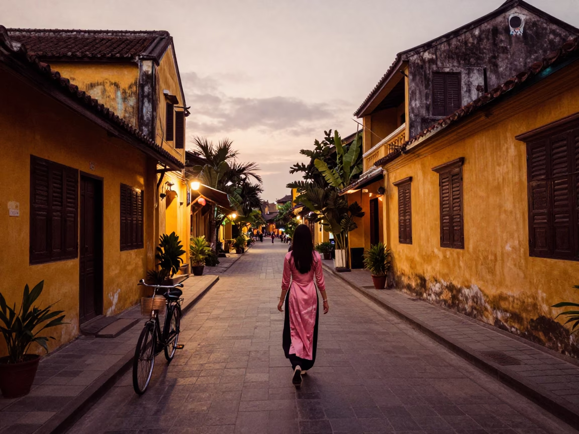 Hoi An Vietnam Ancient Town Copper Dusk Street Scene with Bicycle and Shopfronts in in Hoi An, Vietnam