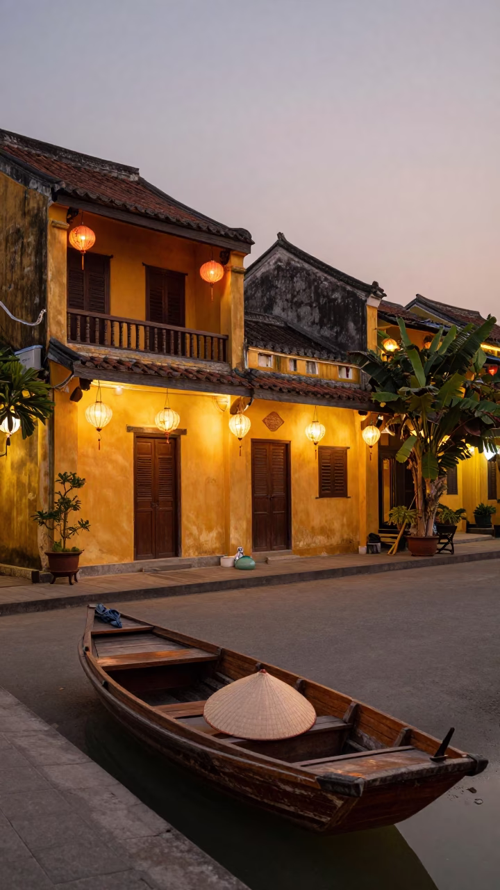 Hoi An Vietnam Ancient Town Dusk Street Scene with Lanterns and River in in Hoi An, Vietnam