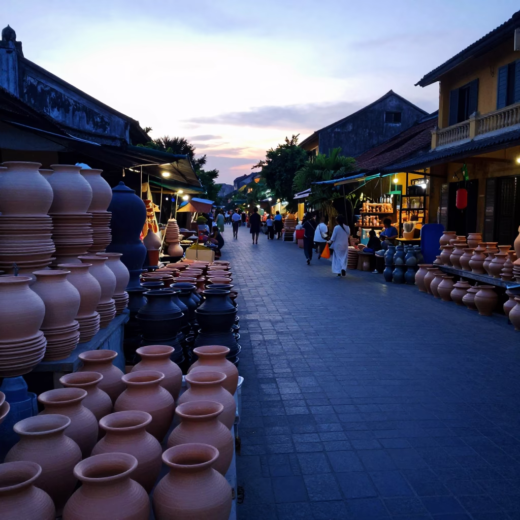 Hoi An Vietnam Before Dawn Pottery Market Stacked Wares and Morning Light in in Hoi An, Vietnam