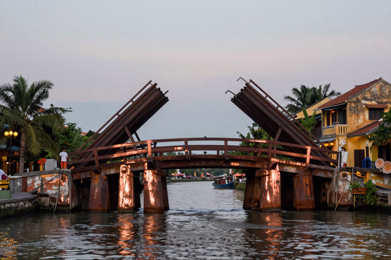 Hoi An Vietnam Before Dusk Rusted Drawbridge Locked Raised Copper Light in in Hoi An, Vietnam