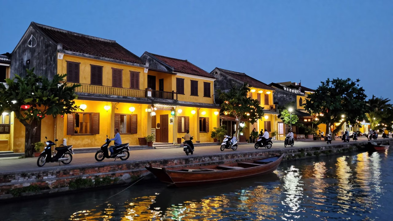 Hoi An Vietnam Blue Hour Canal Street Scene with Lanterns and Motorbikes in in Hoi An, Vietnam