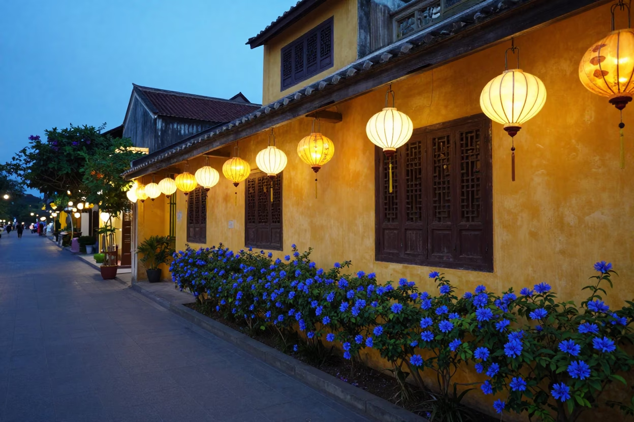 Hoi An Vietnam Blue Hour Lanterns and Plumbago Hedge Street Scene in in Hoi An, Vietnam