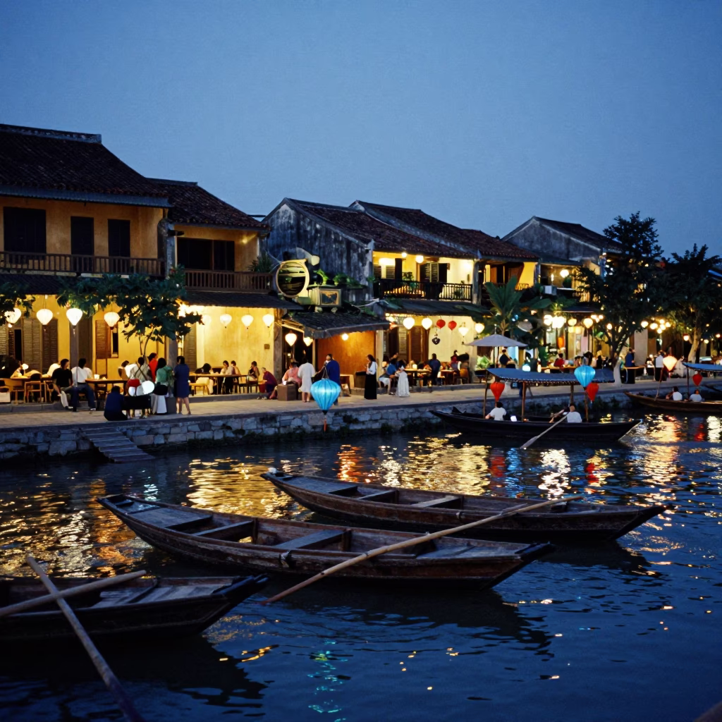 Hoi An Vietnam Blue Hour Lanterns and River Activity in in Hoi An, Vietnam