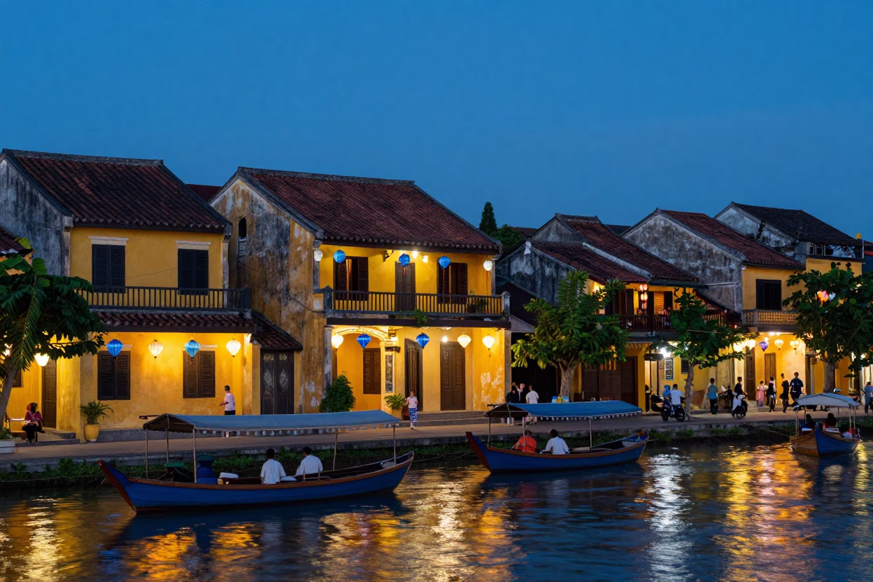 Hoi An Vietnam Blue Hour Lanterns and River Traffic at Dusk in in Hoi An, Vietnam