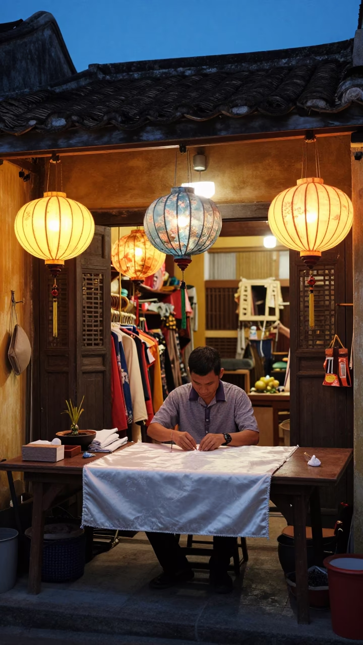 Hoi An Vietnam Blue Hour Lanterns and Traditional Tailor Shop Interior in in Hoi An, Vietnam