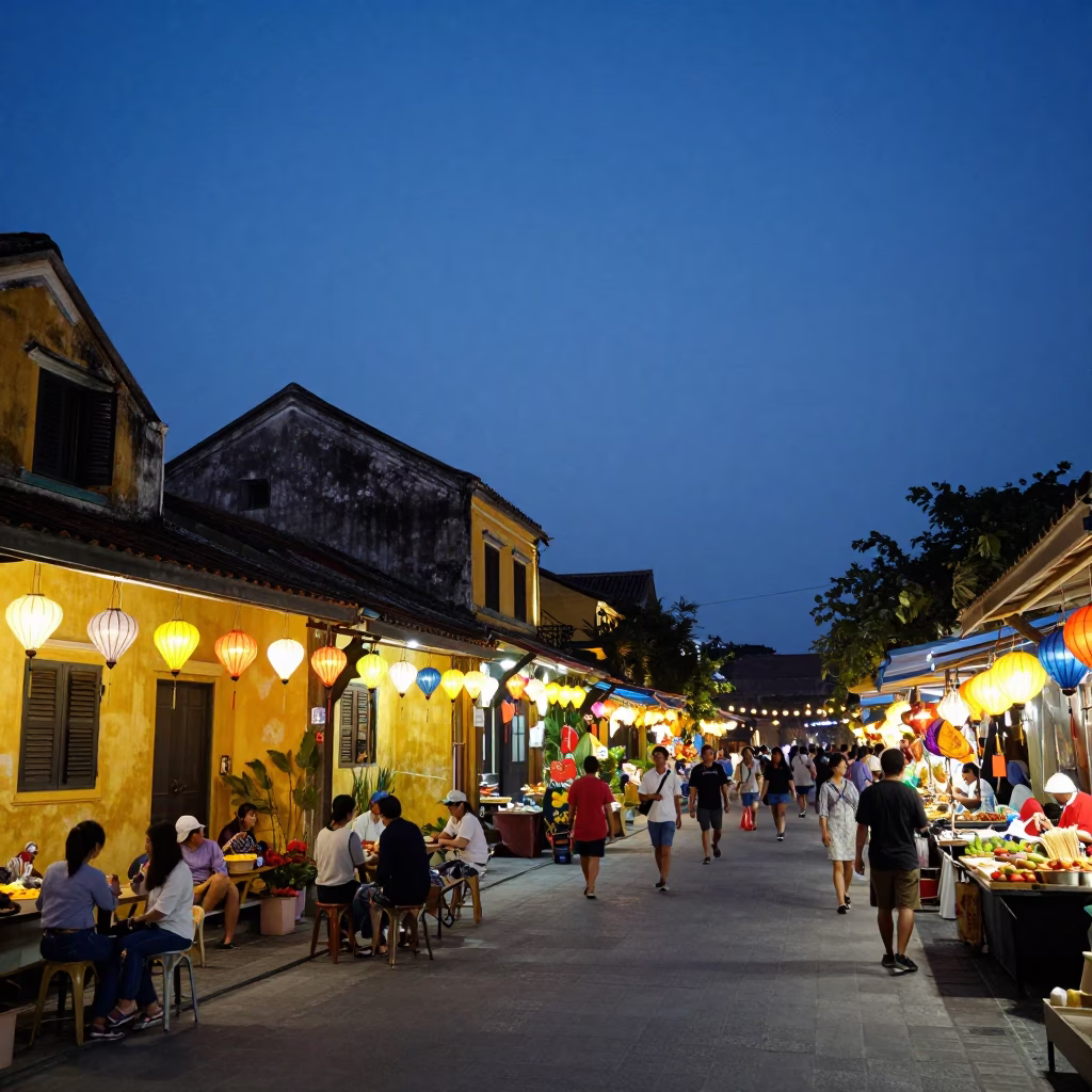 Hoi An Vietnam Blue Hour Street Scene with Colorful Lanterns and Local Market Activity in in Hoi An, Vietnam