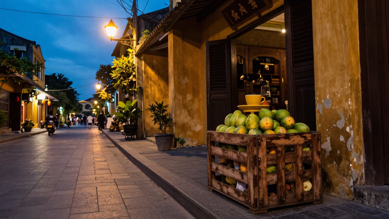 Hoi An Vietnam Blue Hour Street Scene with Fruit Crate and Coffee in in Hoi An, Vietnam