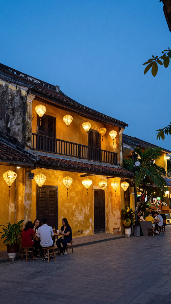 Hoi An Vietnam Blue Hour Street Scene with Lanterns and Local Dining in in Hoi An, Vietnam