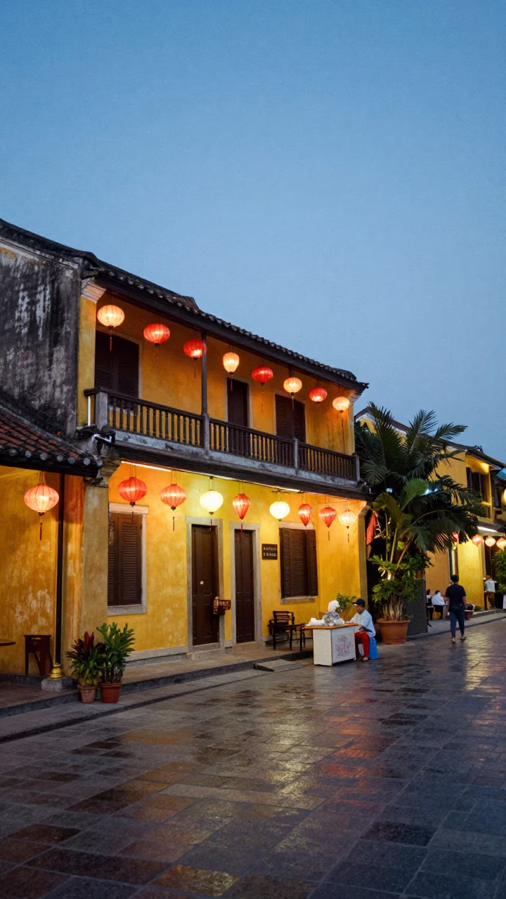 Hoi An Vietnam Blue Hour Street Scene with Lanterns and Local Life in in Hoi An, Vietnam
