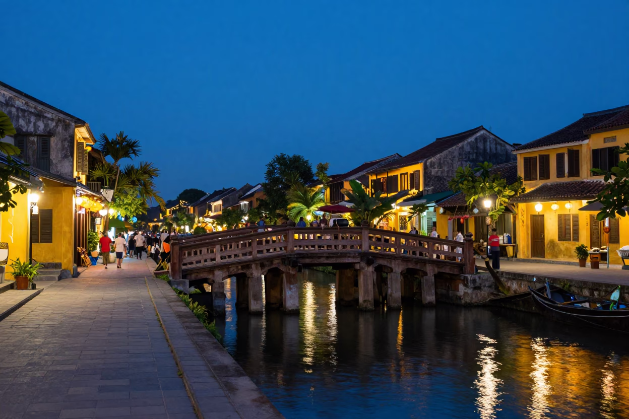 Hoi An Vietnam Blue Hour Street Scene with Lanterns and River in in Hoi An, Vietnam