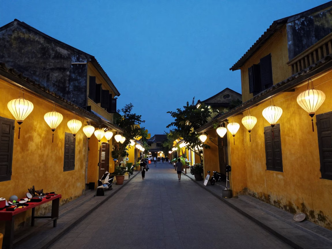 Hoi An Vietnam Blue Hour Street Scene with Lanterns and Tailor Tools in in Hoi An, Vietnam