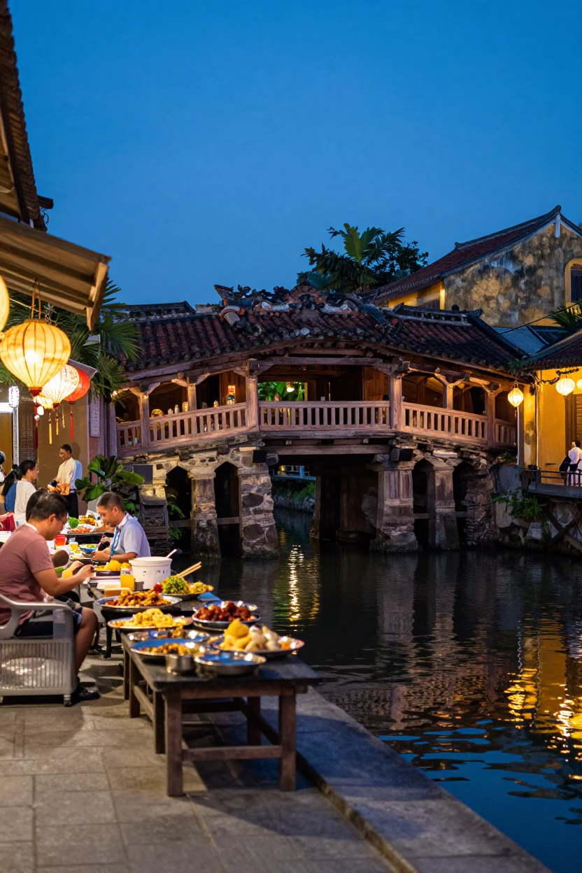 Hoi An Vietnam Blue Hour Street Scene with Local Food and Lanterns in in Hoi An, Vietnam