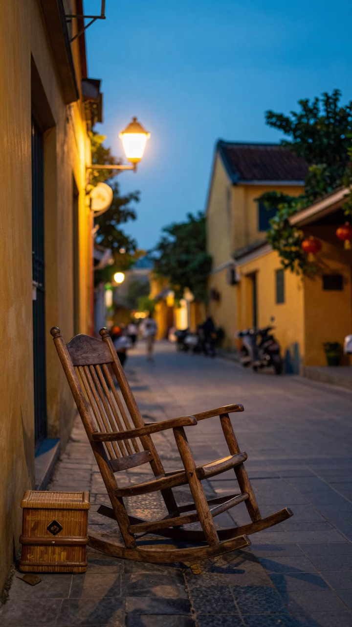 Hoi An Vietnam Blue Hour Street Scene with Rocking Chair and Shoebox in in Hoi An, Vietnam