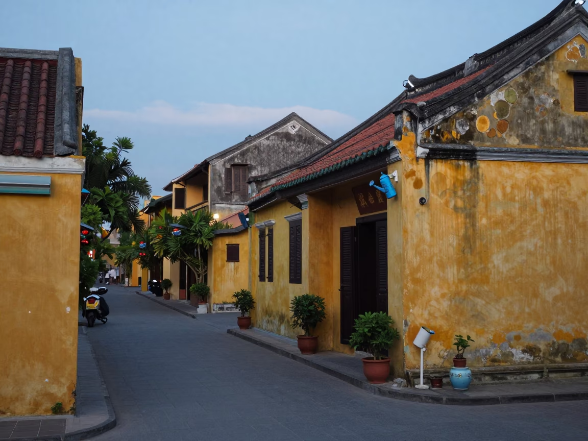 Hoi An Vietnam Blue Hour Street Scene with Watering Bottle and Traditional Architecture in in Hoi An, Vietnam