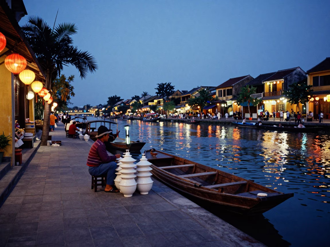 Hoi An Vietnam Blue Hour Street Scene with Wooden Boat and Traditional Lanterns in in Hoi An, Vietnam