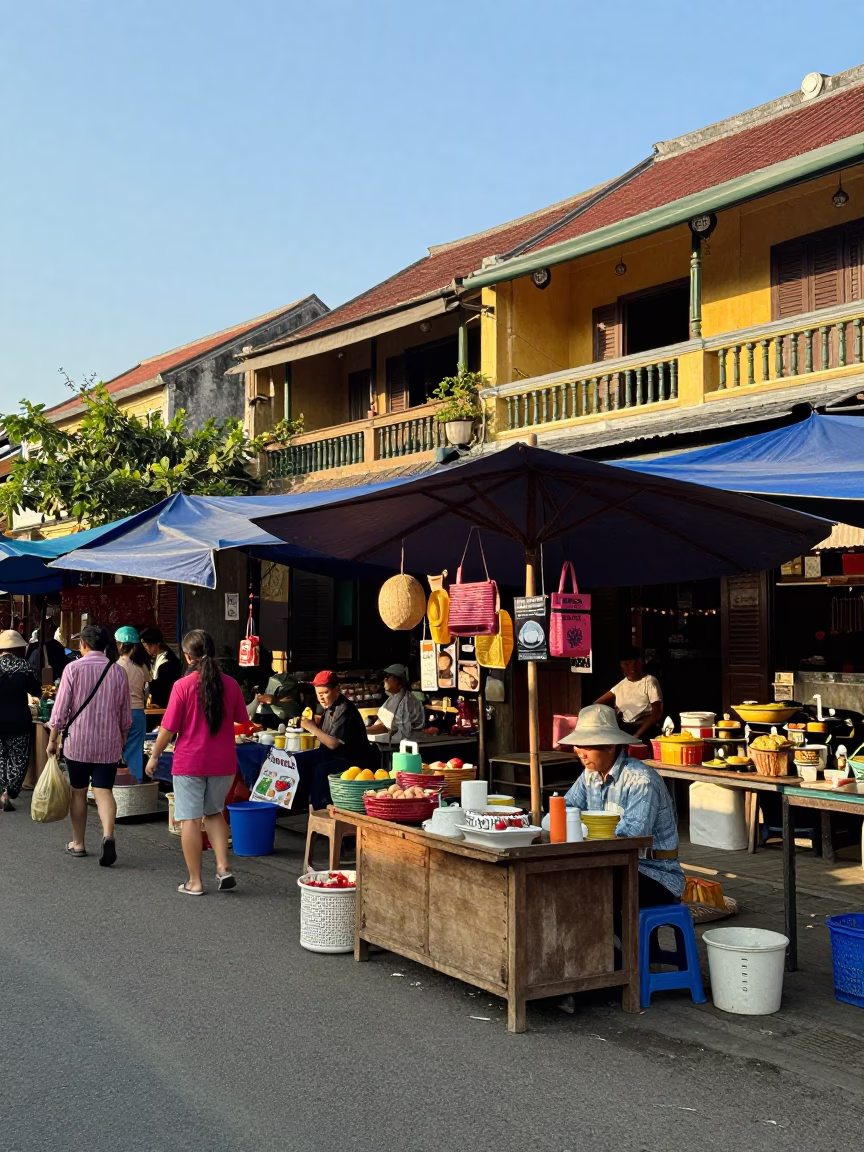 Hoi An Vietnam Clear Afternoon Street Scene with Local Market Activity in in Hoi An, Vietnam