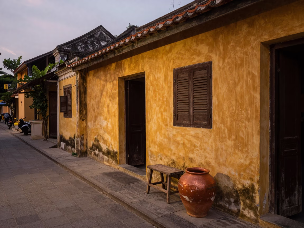 Hoi An Vietnam Copper Dusk Street Scene Clay Pot and Kitchen Stool in in Hoi An, Vietnam