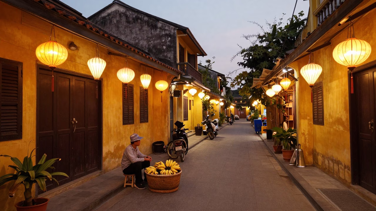 Hoi An Vietnam Copper Dusk Street Scene with Bananas and Tin Box in in Hoi An, Vietnam