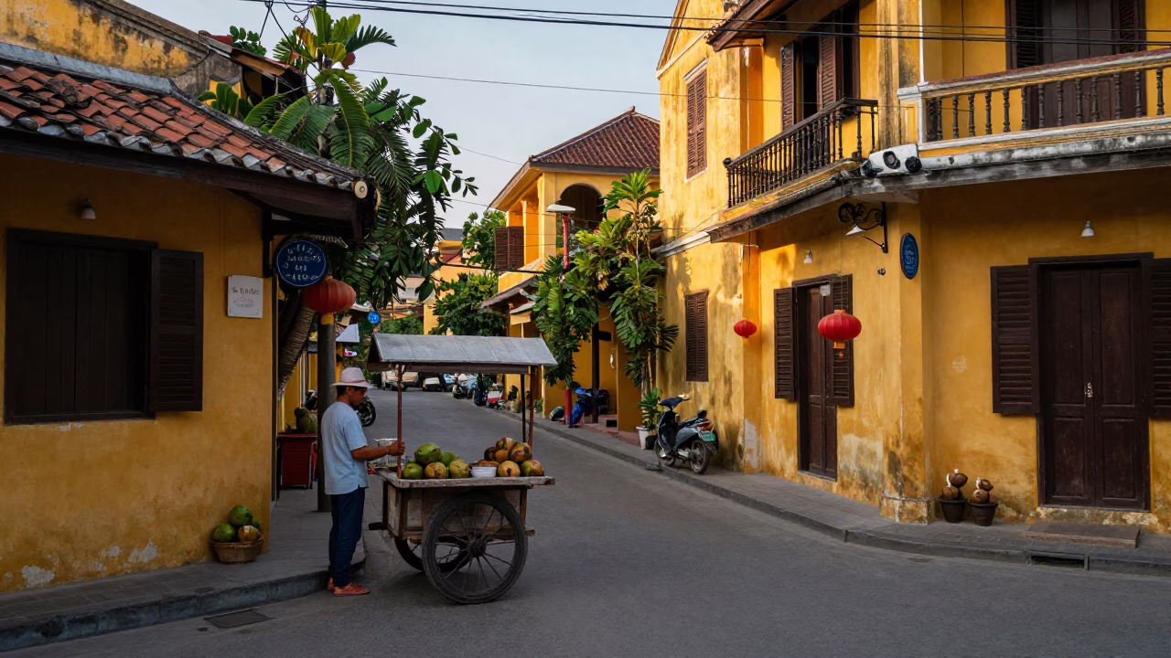 Hoi An Vietnam Dawn Street Scene with Baker and Coconuts in in Hoi An, Vietnam