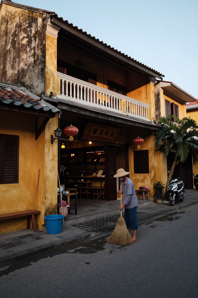 Hoi An Vietnam dawn street scene with broom and bucket near ancient yellow building in in Hoi An, Vietnam