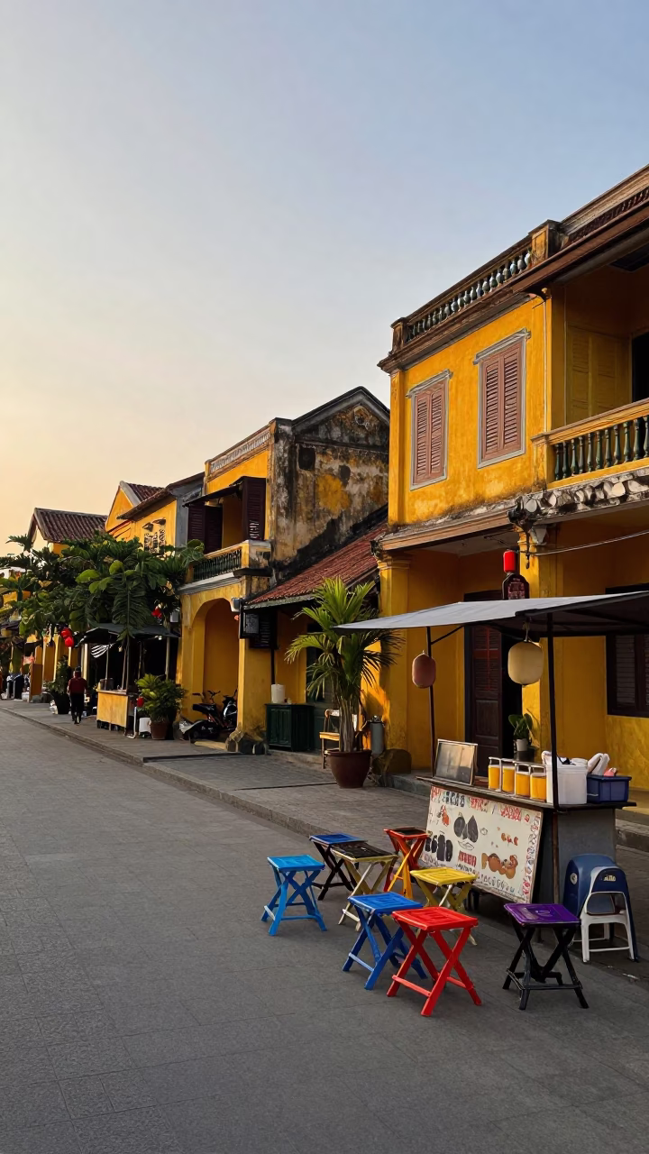Hoi An Vietnam Dawn Street Scene with Folding Stools and Morning Activity in in Hoi An, Vietnam