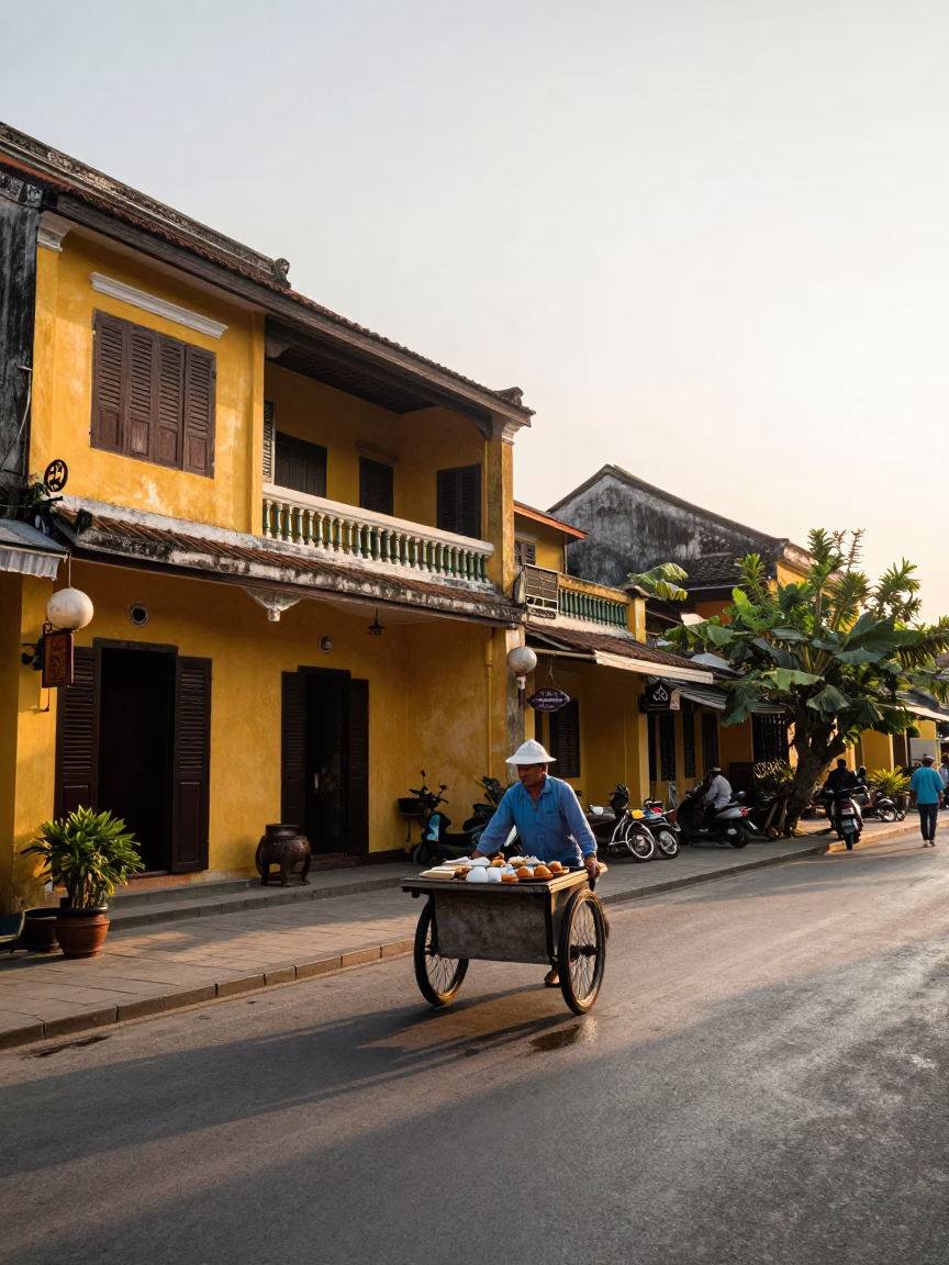 Hoi An Vietnam Dawn Street Scene with Local Breakfast and Historic Architecture in in Hoi An, Vietnam
