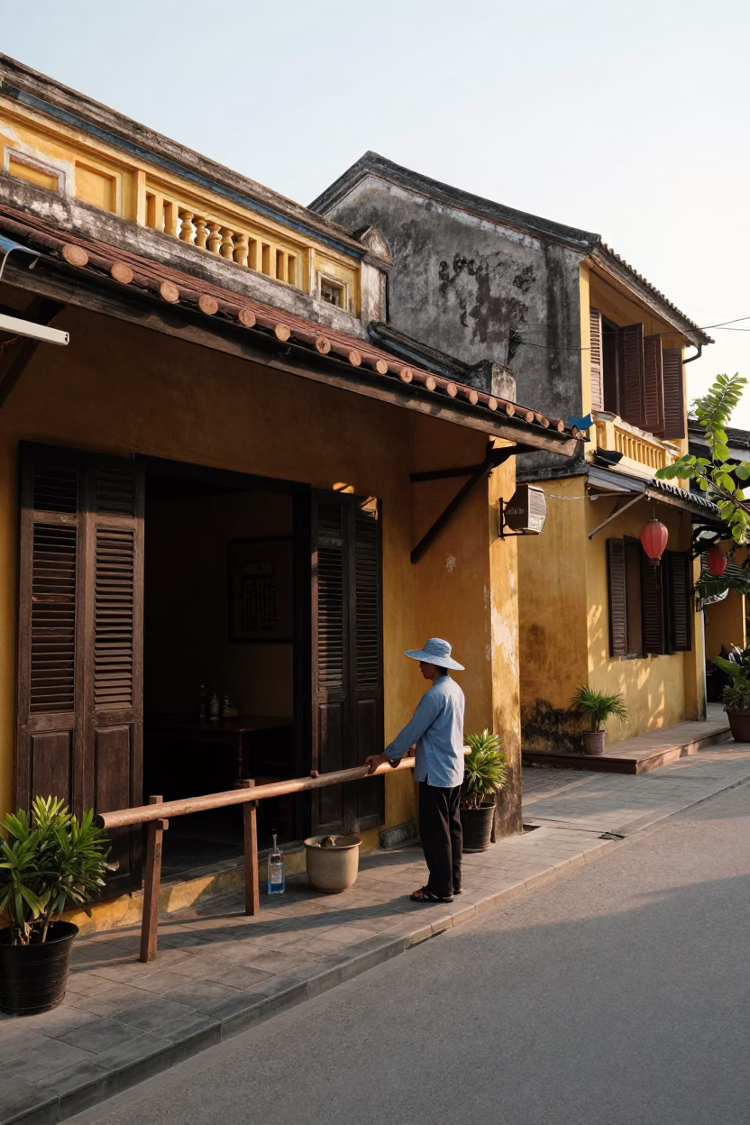 Hoi An Vietnam Dawn Street Scene with Local Vendor and Traditional Elements in in Hoi An, Vietnam