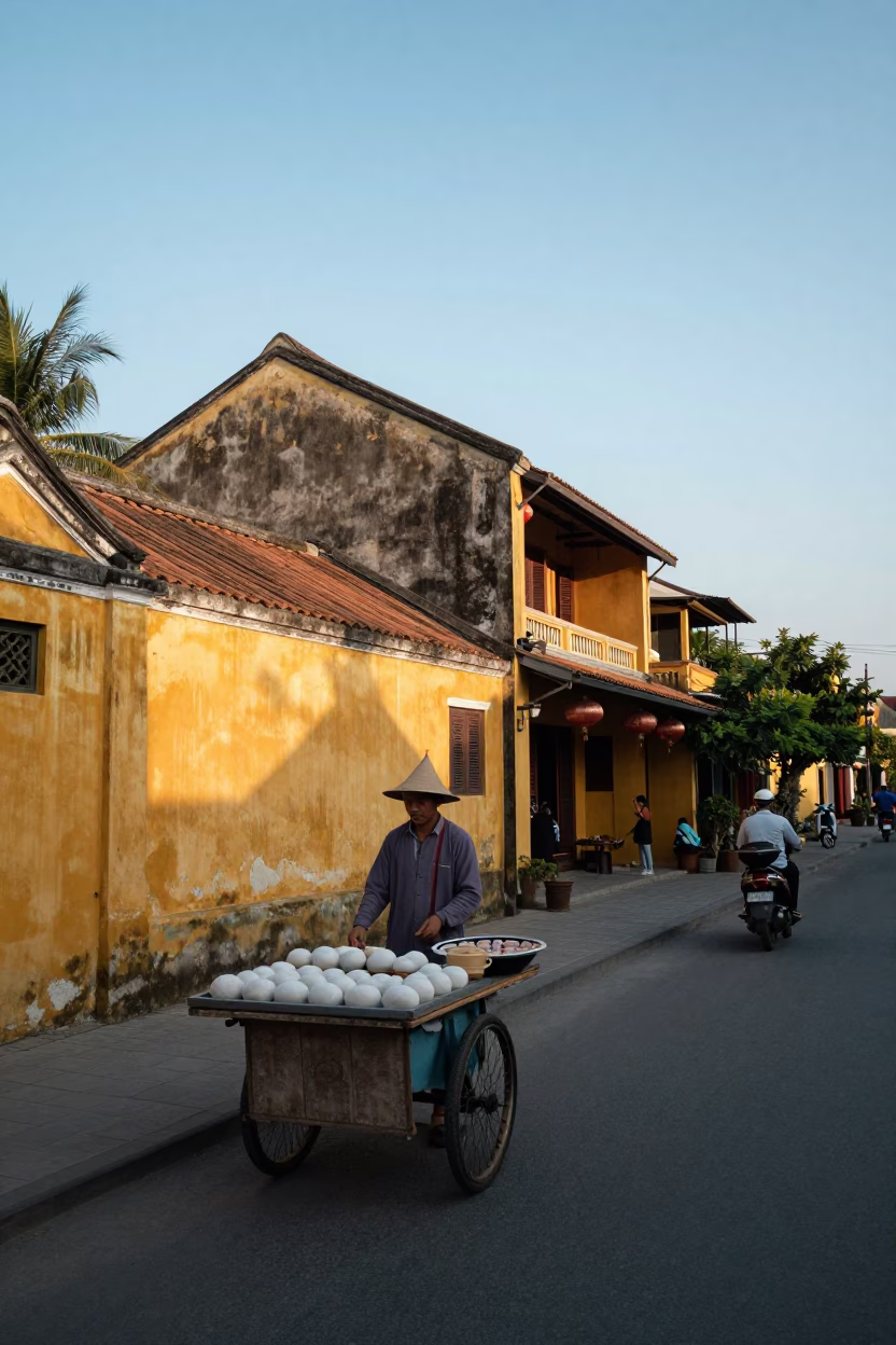Hoi An Vietnam Dawn Street Scene with Mochi Vendor and Early Morning Activity in in Hoi An, Vietnam