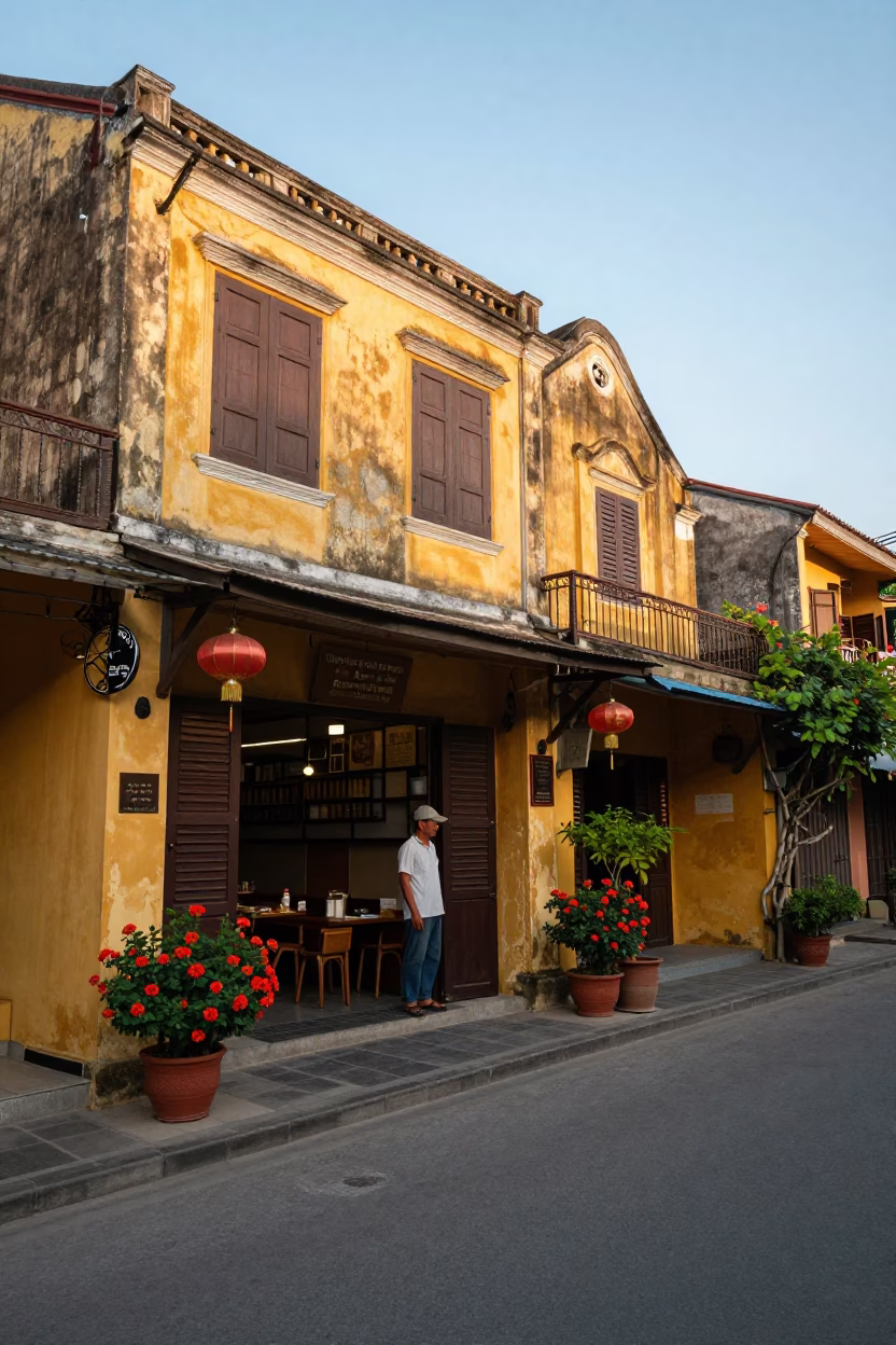 Hoi An Vietnam Dawn Street Scene with Shopkeeper and Geraniums in in Hoi An, Vietnam